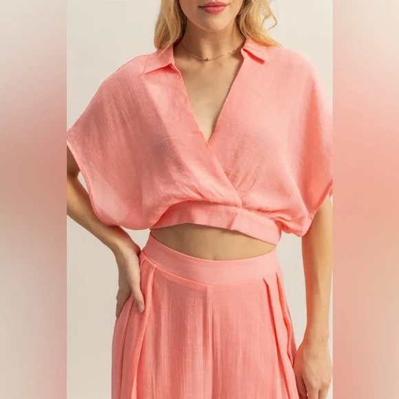 Kimono Sleeve Crop Top and Wide Leg Pants Set - Picture 3 of 5